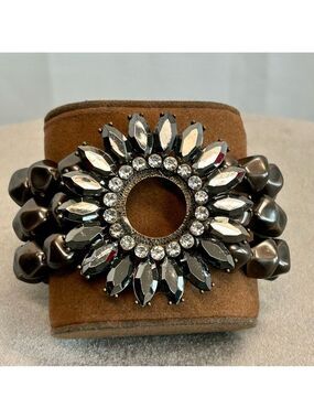 Dark charcoal grey chrome coloured beaded crystal rhinestone flower bracelet